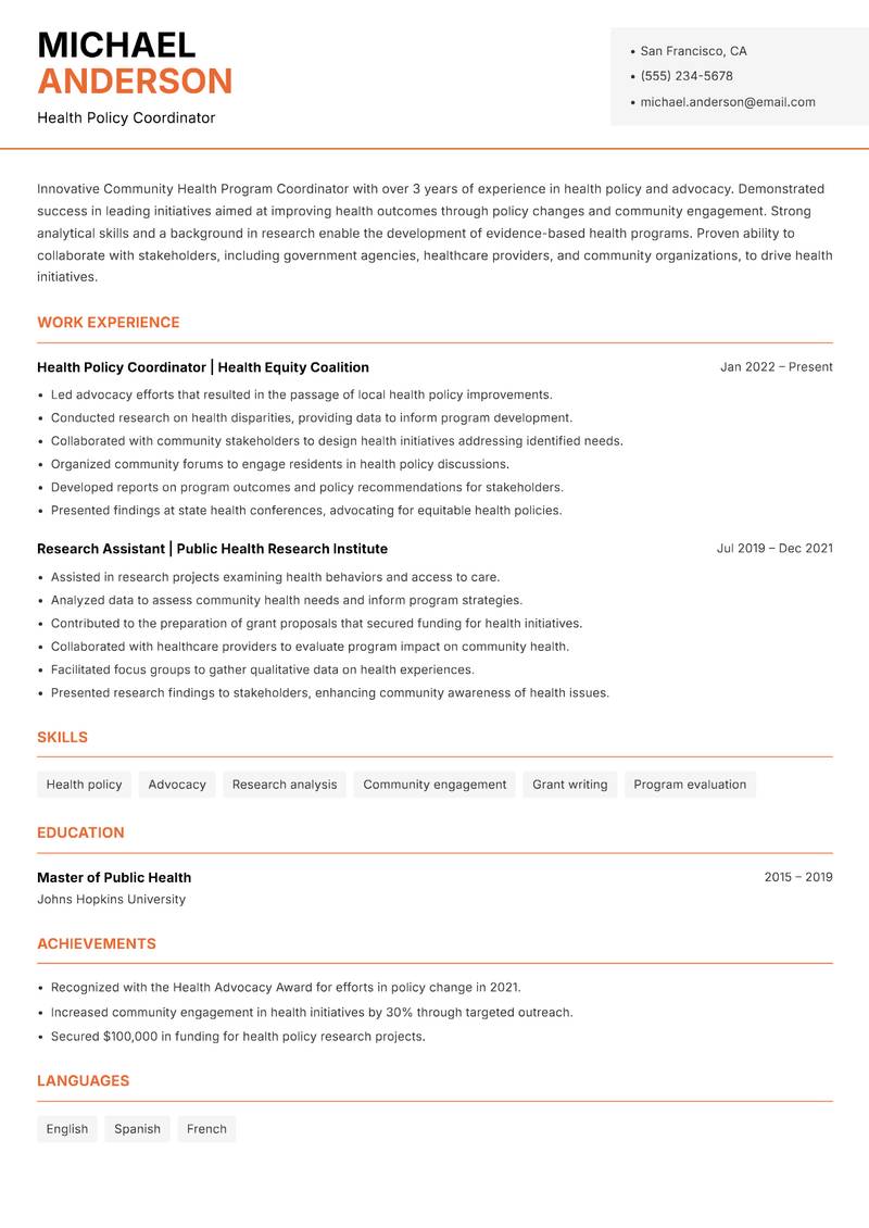 Community Health Program Coordinator resume template — Modern Professional