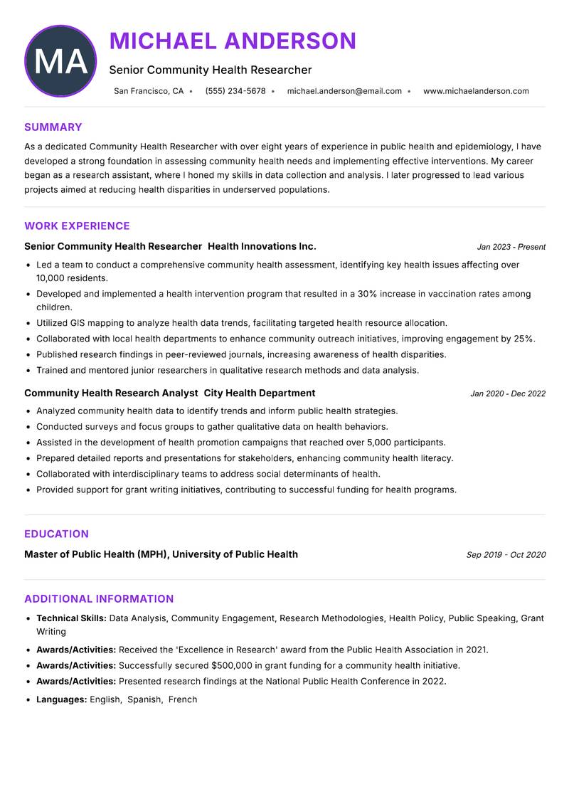 Community Health Researcher resume example — ATS-friendly template