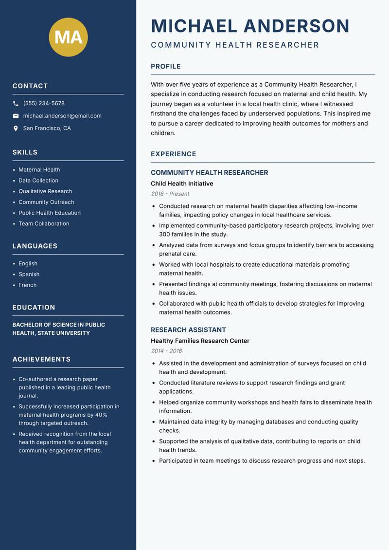 Community Health Researcher resume template — Classic Clean