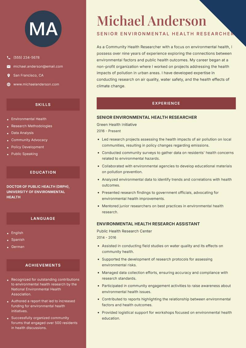 Community Health Researcher resume template — Two Column