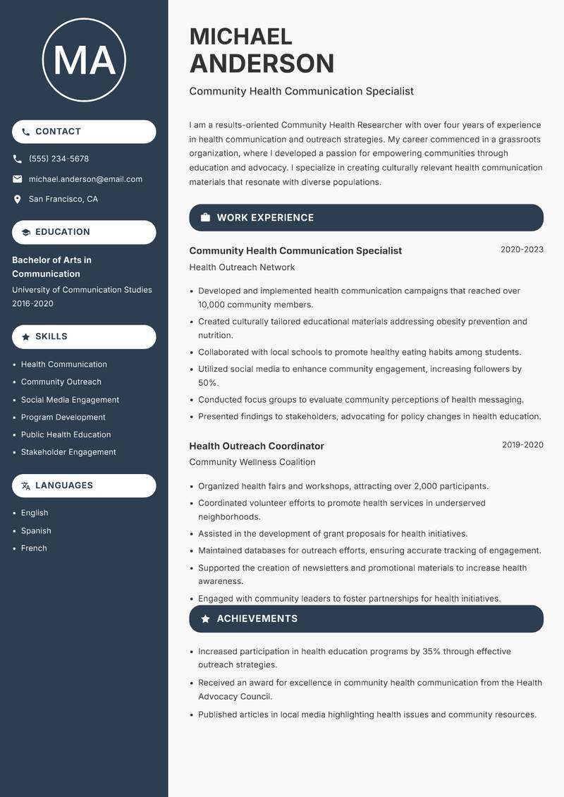 Community Health Researcher resume template — Compact