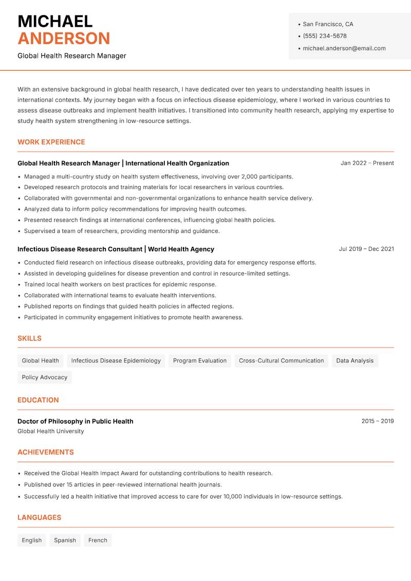 Community Health Researcher resume template — Modern Professional