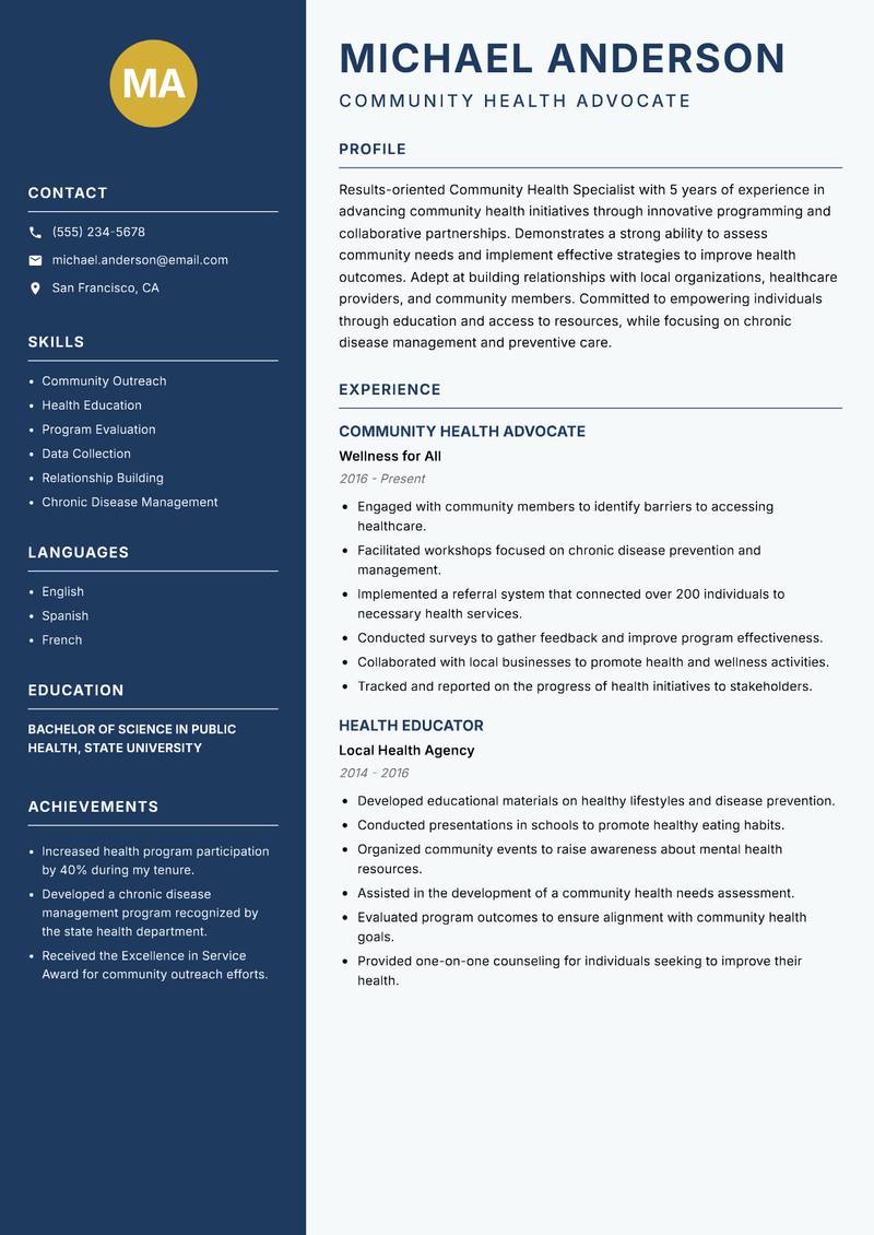 Community Health Specialist resume template — Classic Clean