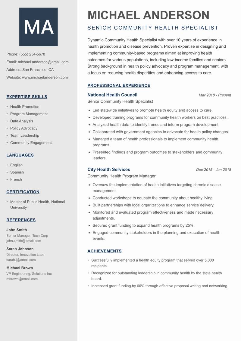 Community Health Specialist resume template — Creative Minimal