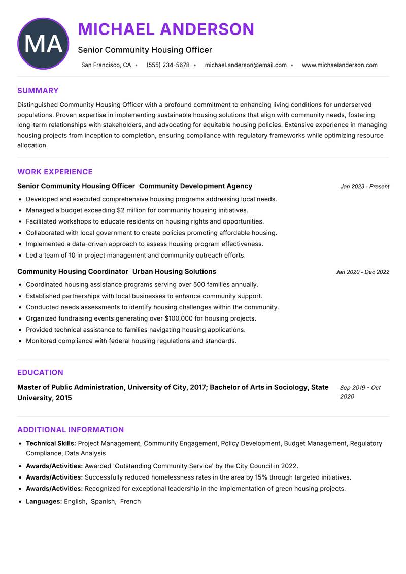 Community Housing Officer resume example — ATS-friendly template