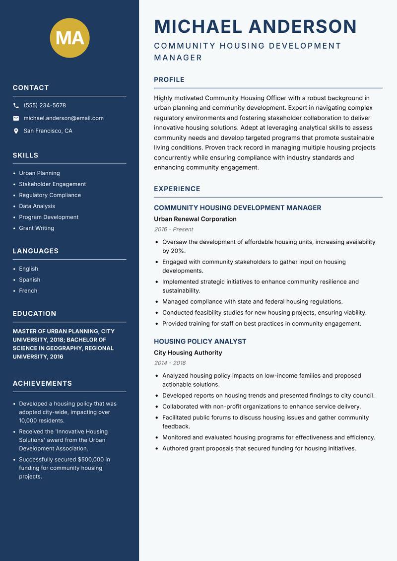 Community Housing Officer resume template — Classic Clean