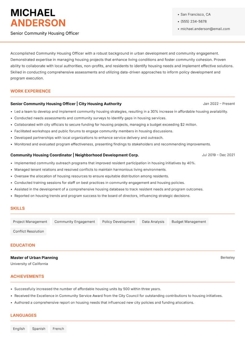 Community Housing Officer resume template — Modern Professional