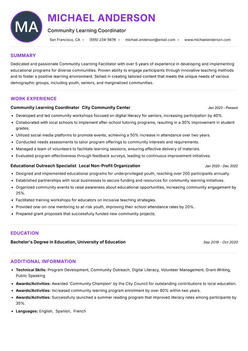 Community Learning Facilitator resume example — ATS-friendly template
