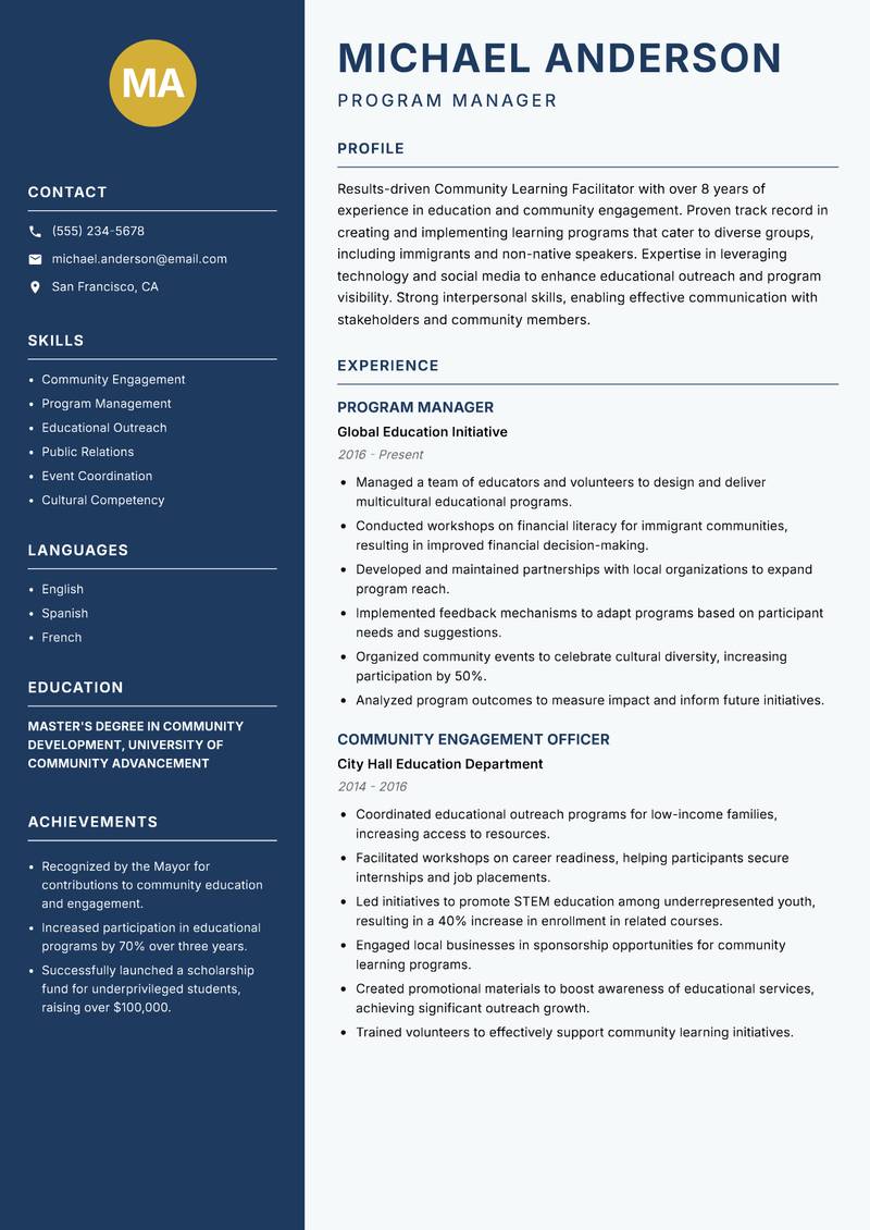 Community Learning Facilitator resume template — Classic Clean