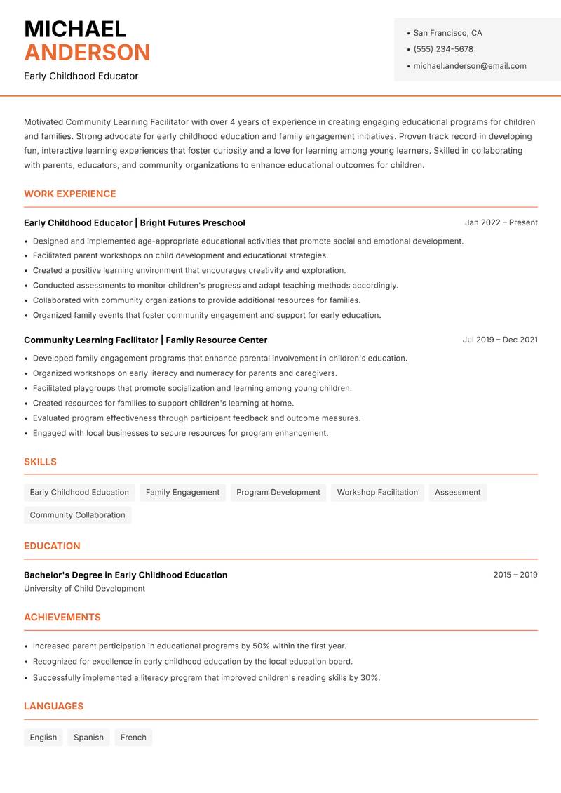 Community Learning Facilitator resume template — Modern Professional