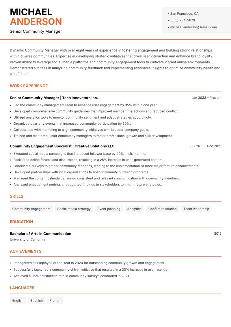 Community Manager resume template — Modern Professional