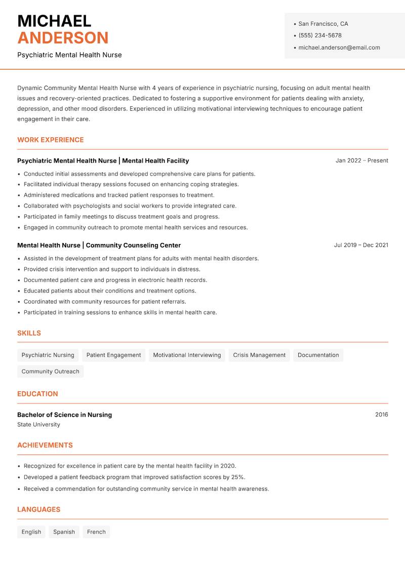 Community Mental Health Nurse resume template — Modern Professional