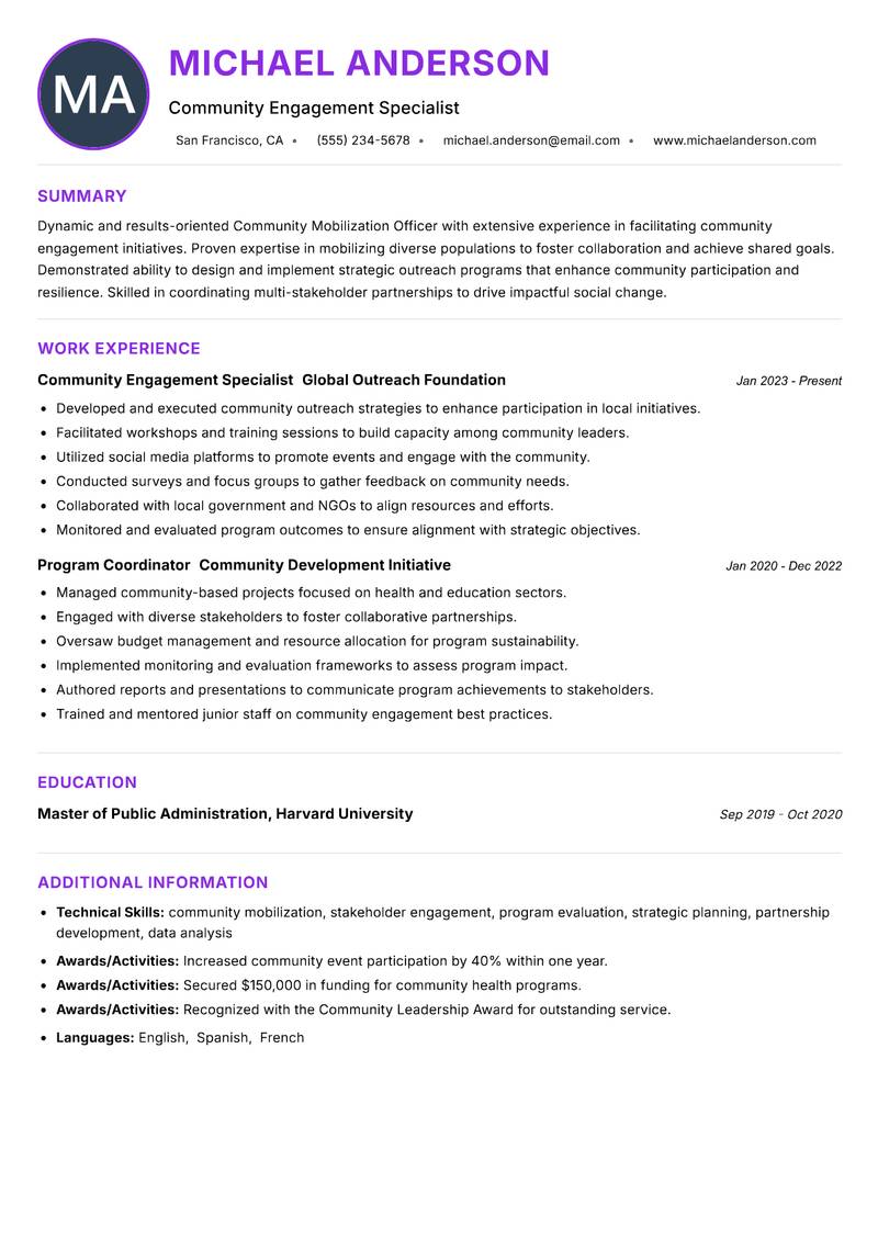 Community Mobilization Officer resume example — ATS-friendly template