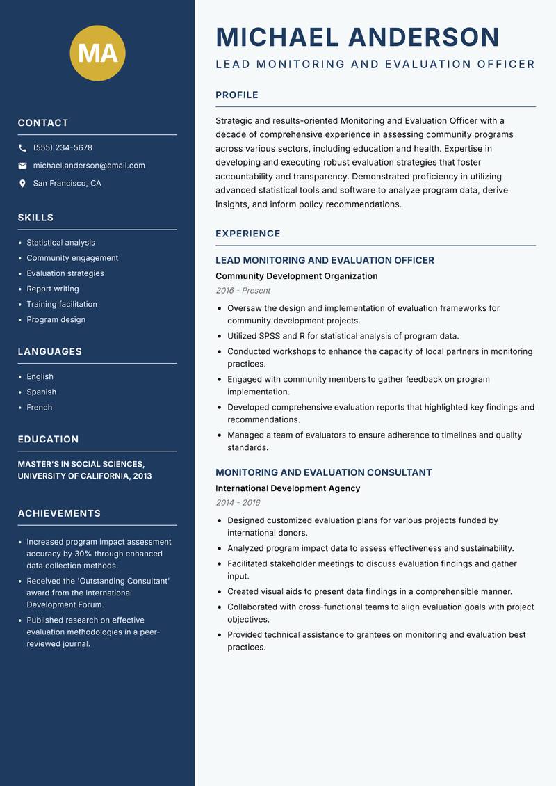 Community Monitoring and Evaluation Officer resume template — Classic Clean