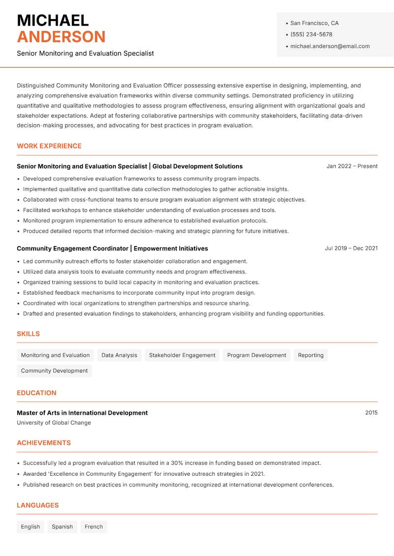 Community Monitoring and Evaluation Officer resume template — Modern Professional