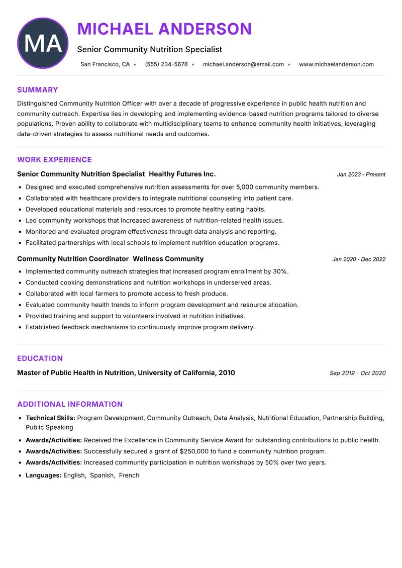 Community Nutrition Officer resume example — ATS-friendly template