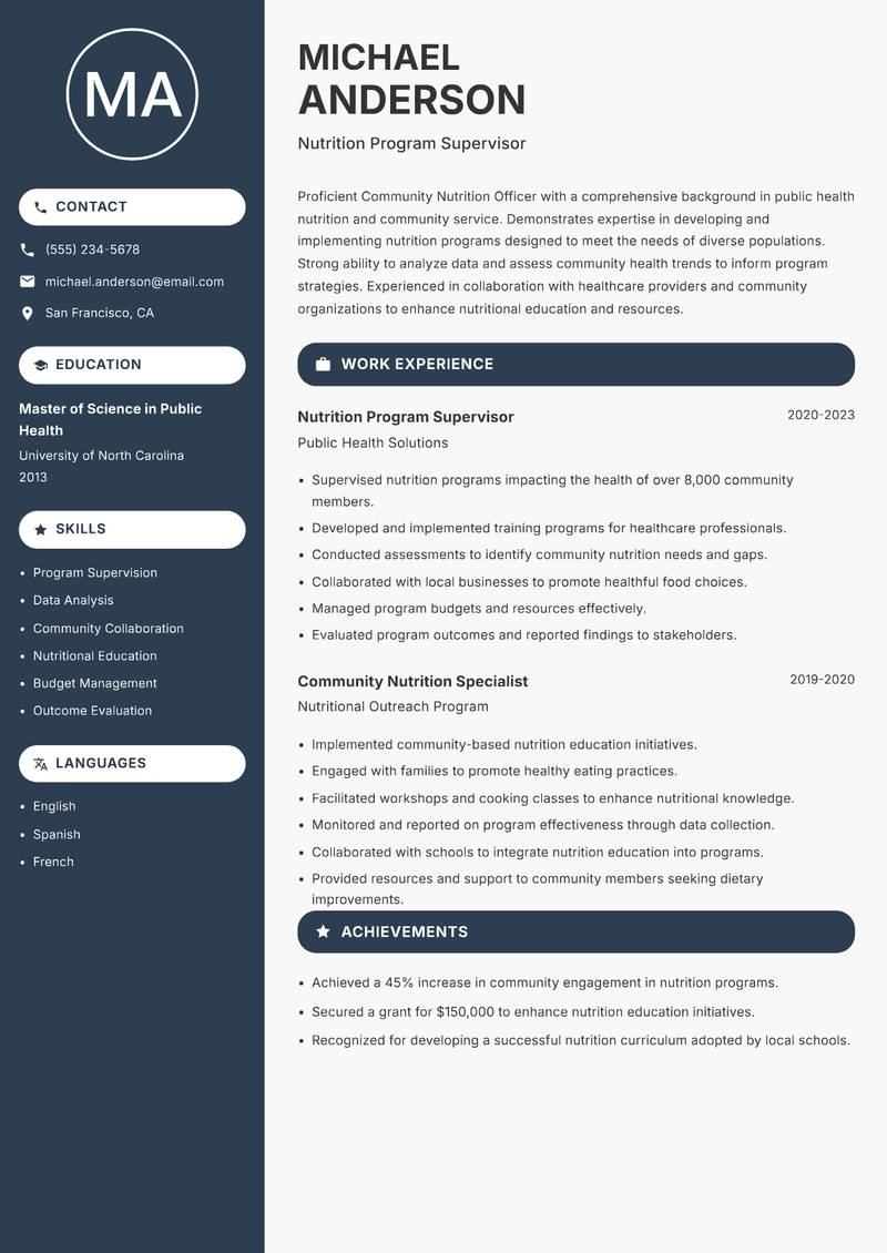Community Nutrition Officer resume template — Compact