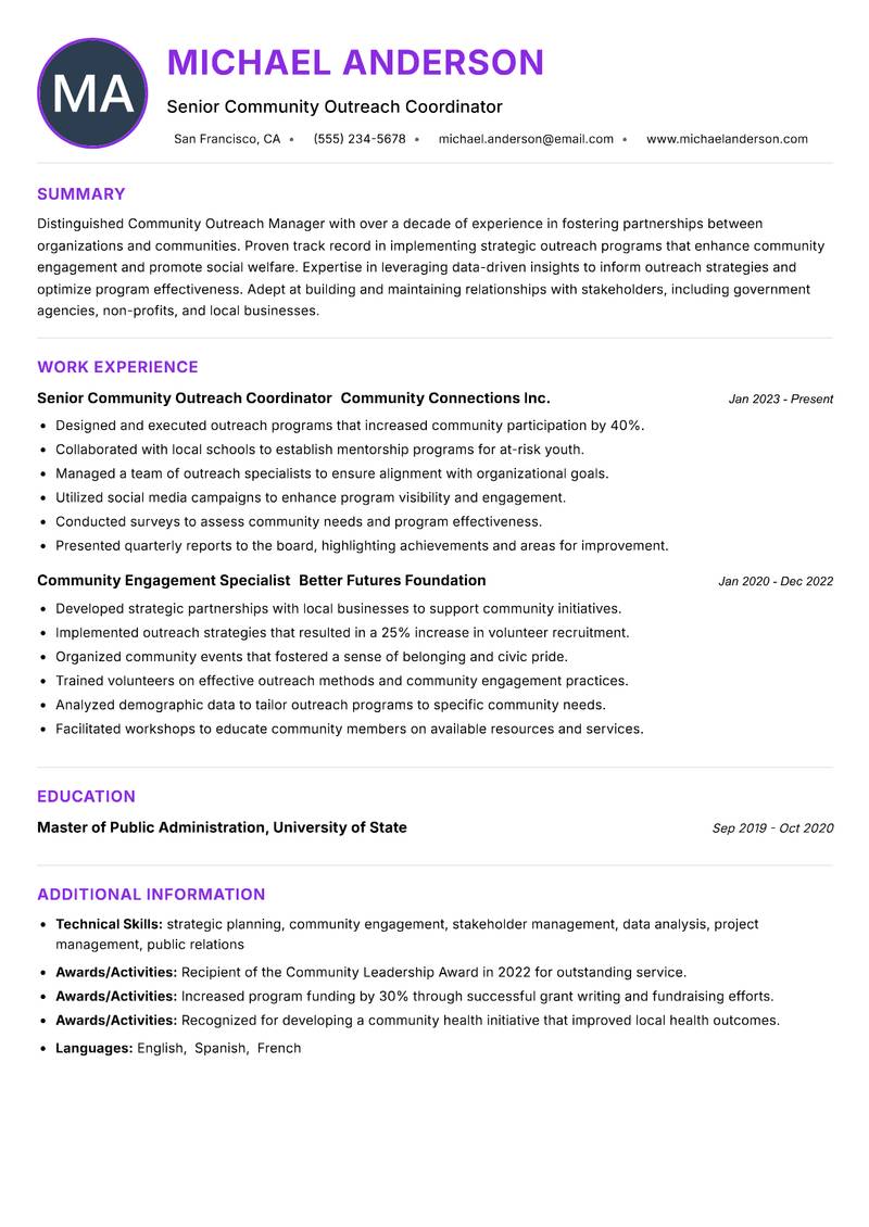 Community Outreach Manager resume example — ATS-friendly template