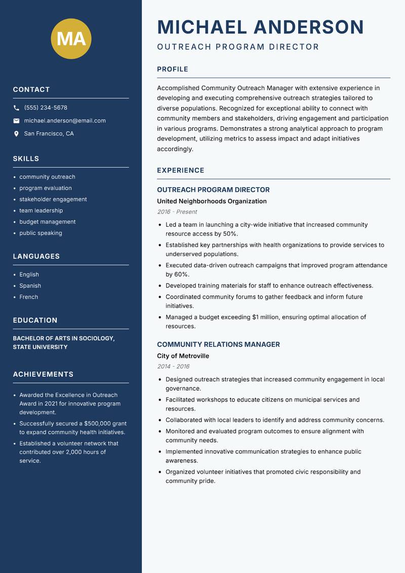 Community Outreach Manager resume template — Classic Clean