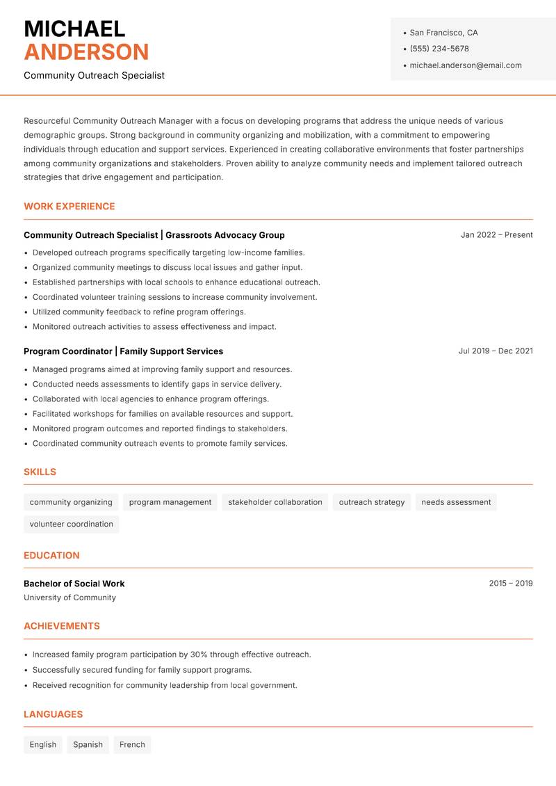 Community Outreach Manager resume template — Modern Professional