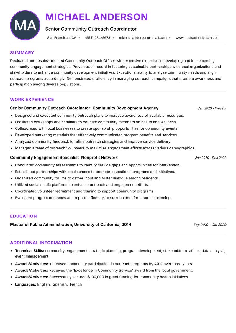Community Outreach Officer resume example — ATS-friendly template