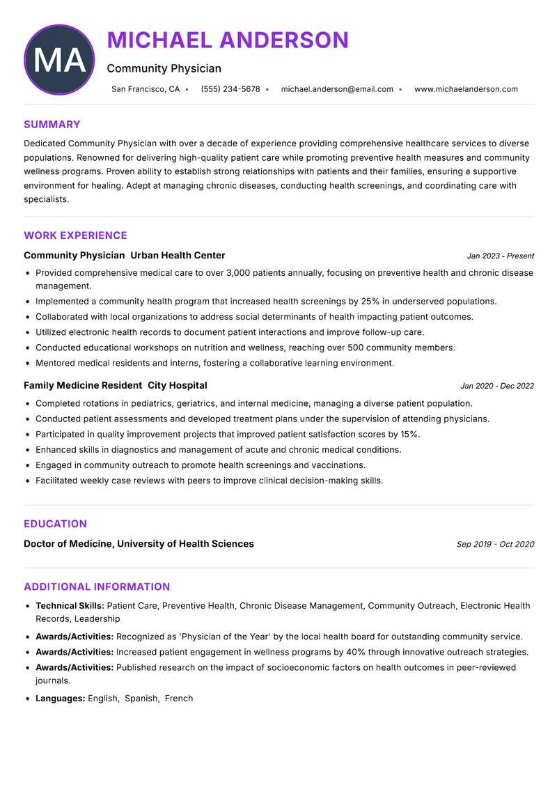 Community Physician resume example — ATS-friendly template
