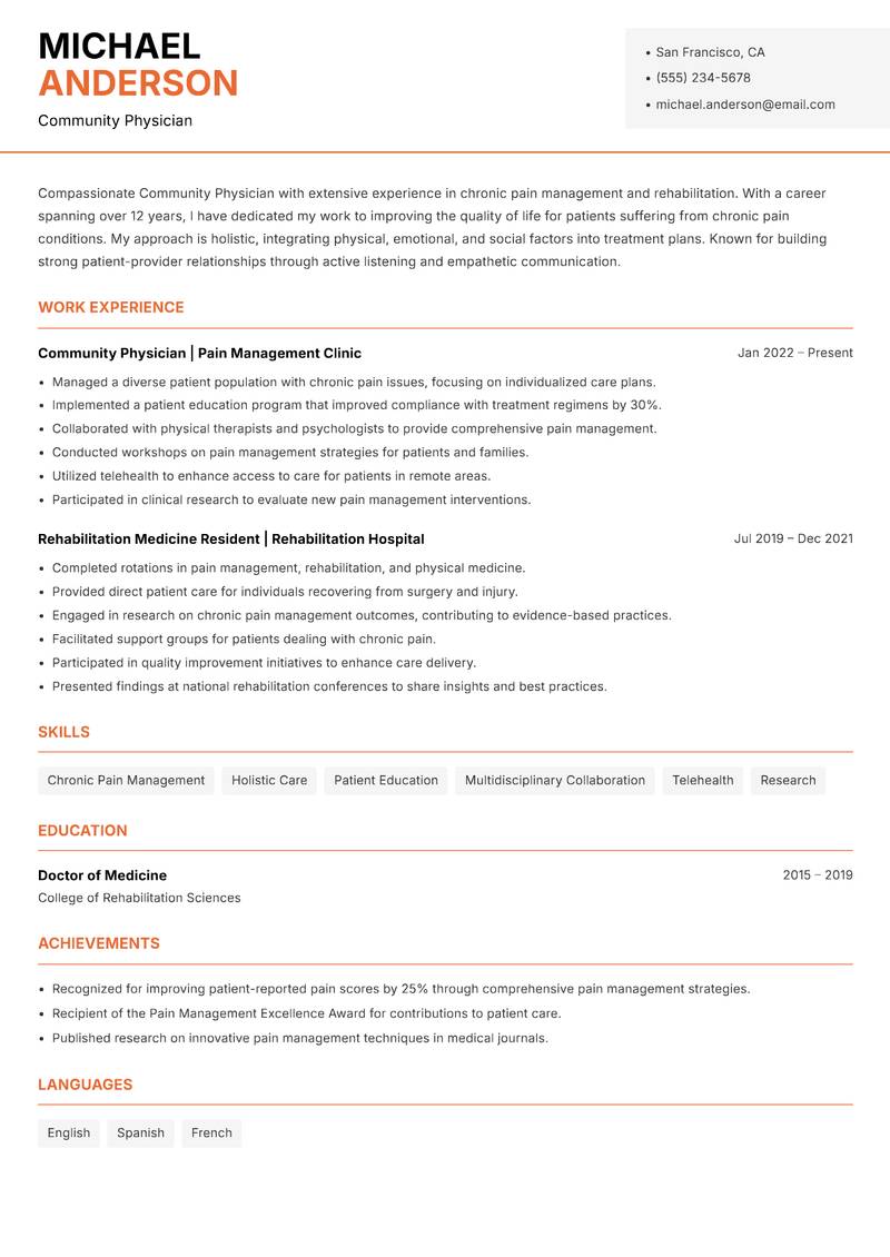 Community Physician resume template — Modern Professional