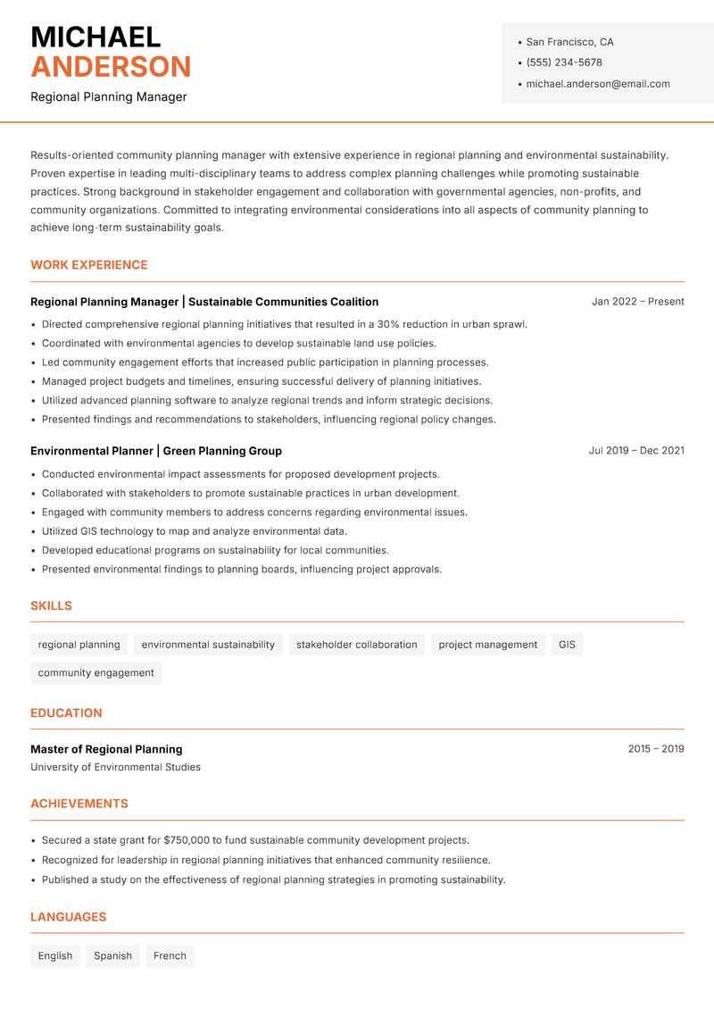 Community Planning Officer resume template — Modern Professional