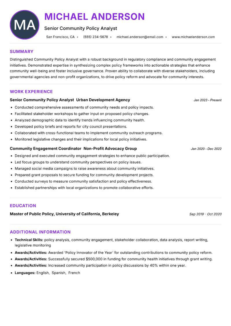 Community Policy Analyst resume example — ATS-friendly template