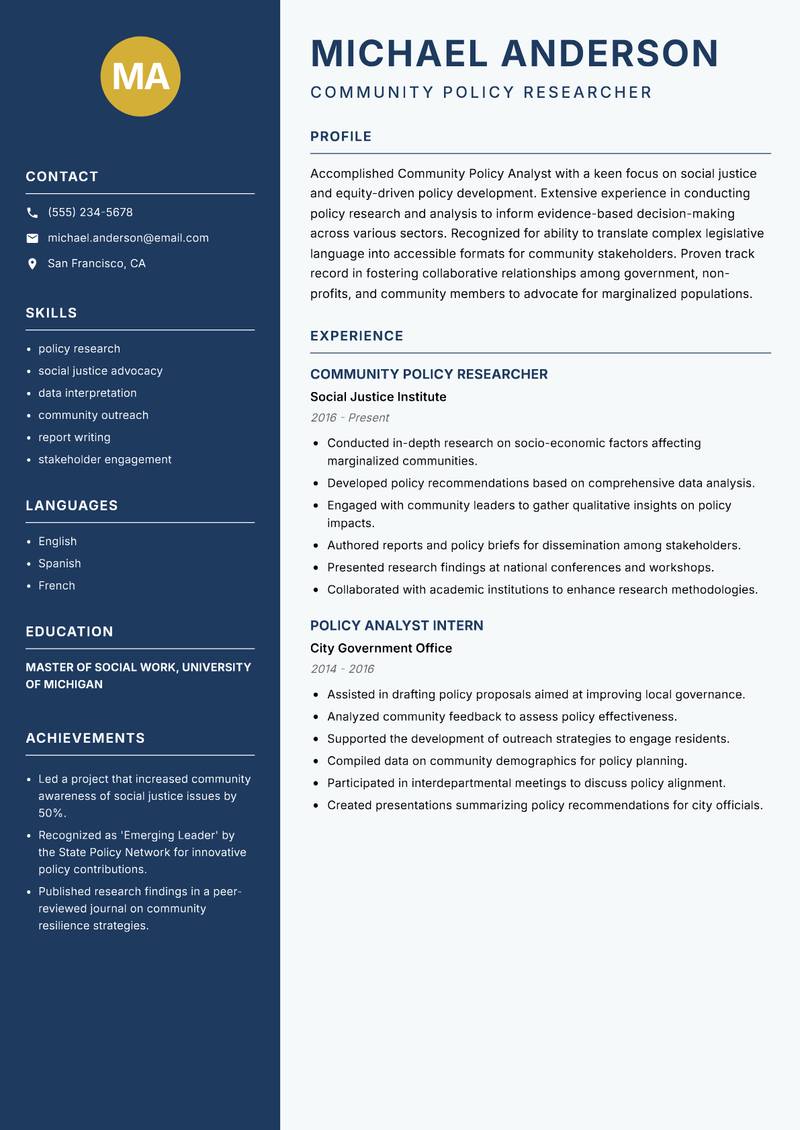 Community Policy Analyst resume template — Classic Clean