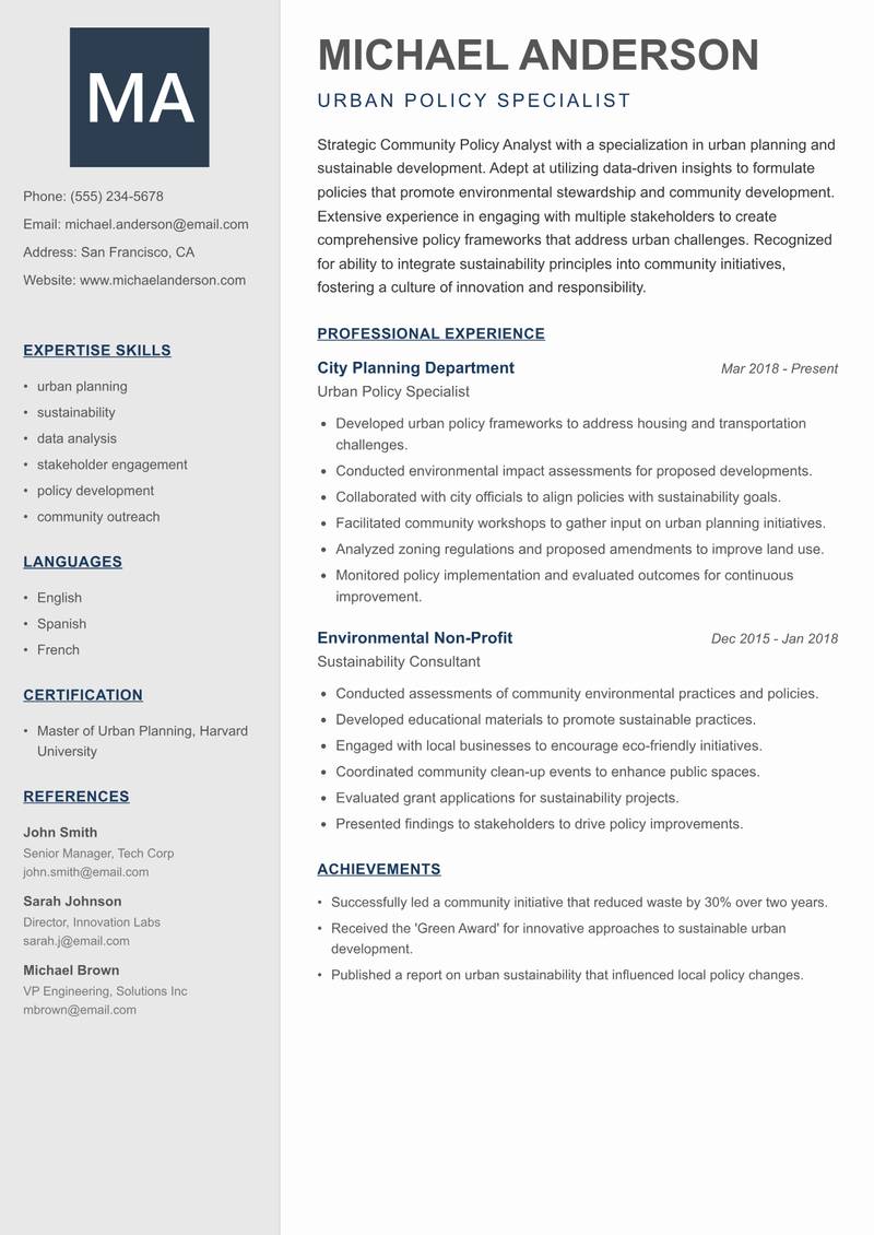 Community Policy Analyst resume template — Creative Minimal