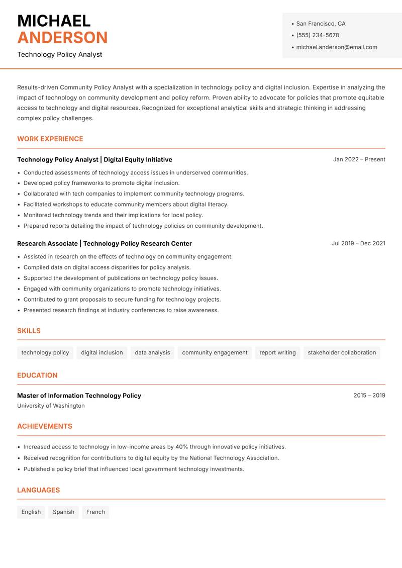 Community Policy Analyst resume template — Modern Professional