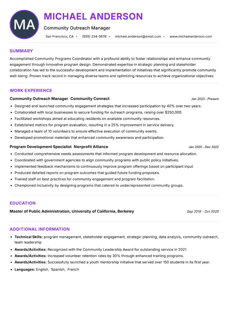 Community Programs Coordinator resume example — ATS-friendly template