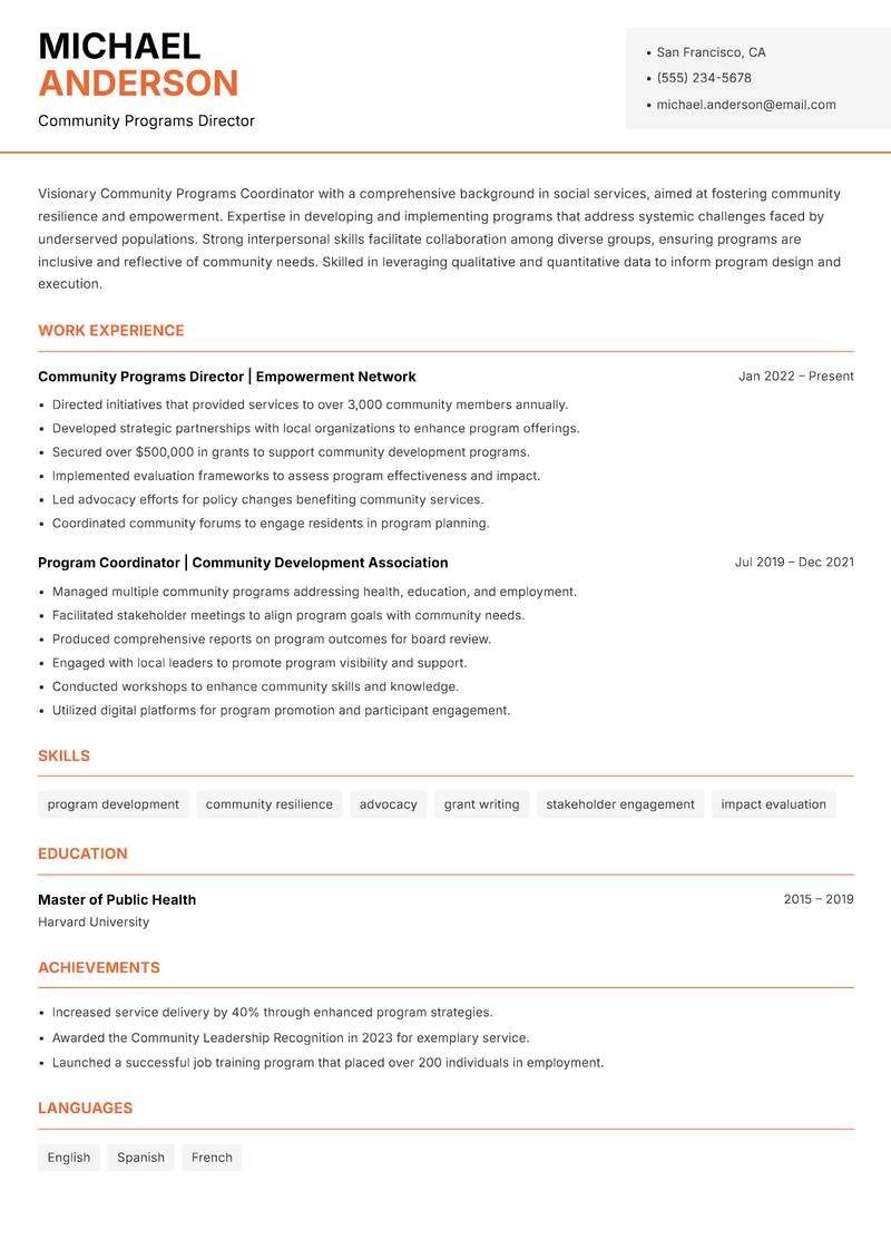 Community Programs Coordinator resume template — Modern Professional