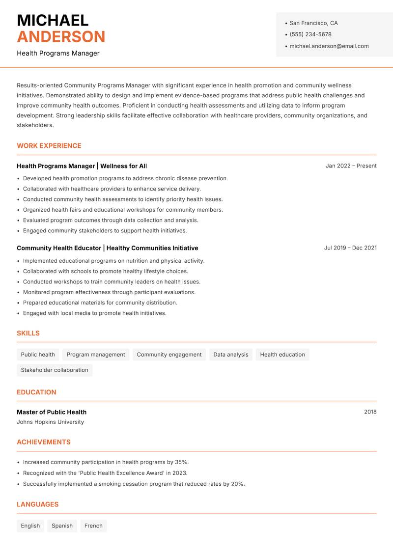 Community Programs Manager resume template — Modern Professional