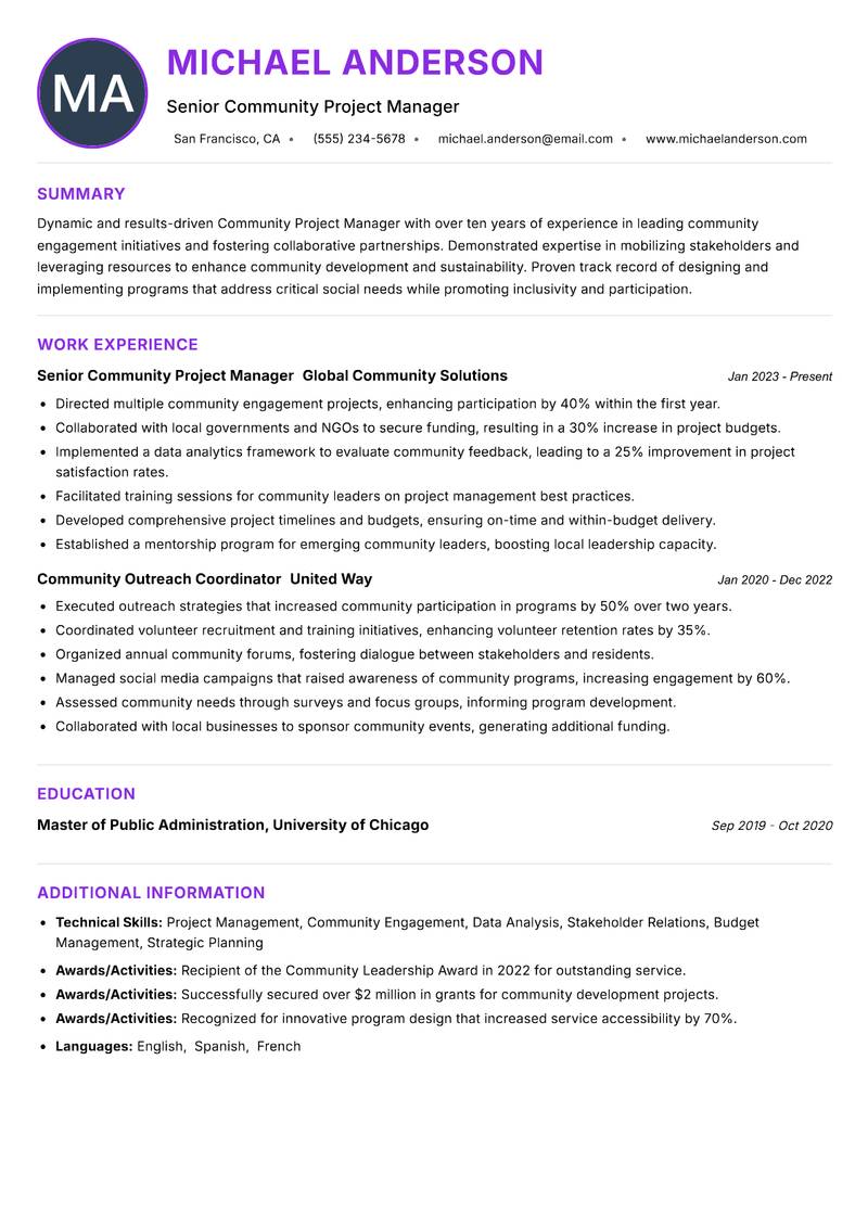 Community Project Manager resume example — ATS-friendly template