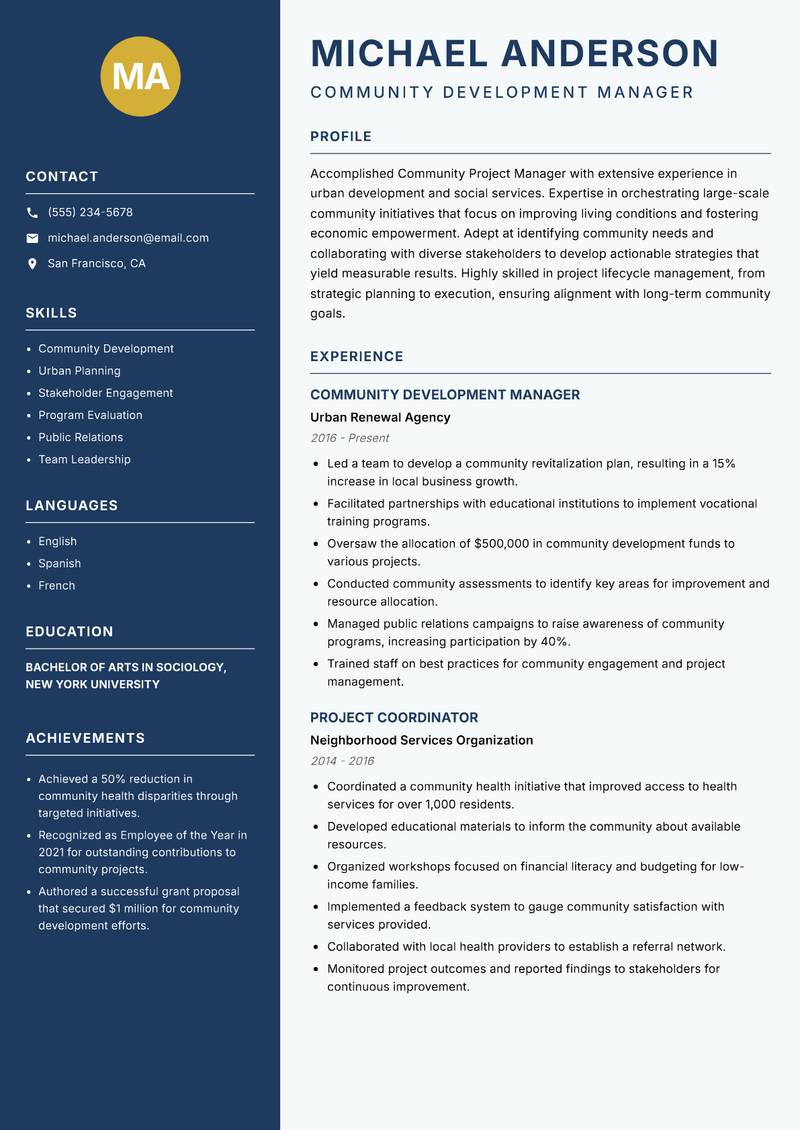 Community Project Manager resume template — Classic Clean