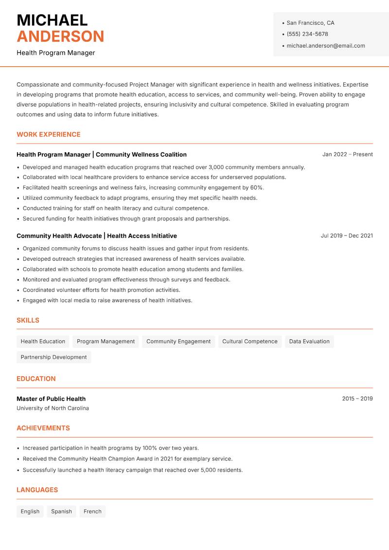 Community Project Manager resume template — Modern Professional