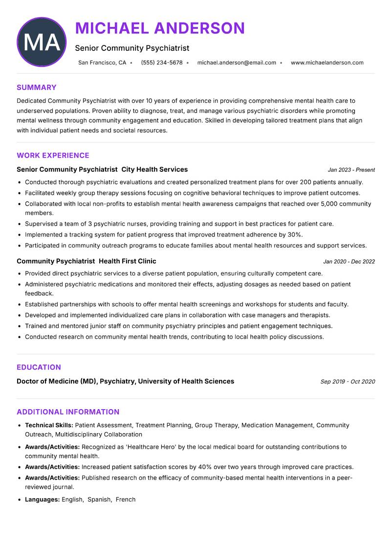 Community Psychiatrist resume example — ATS-friendly template