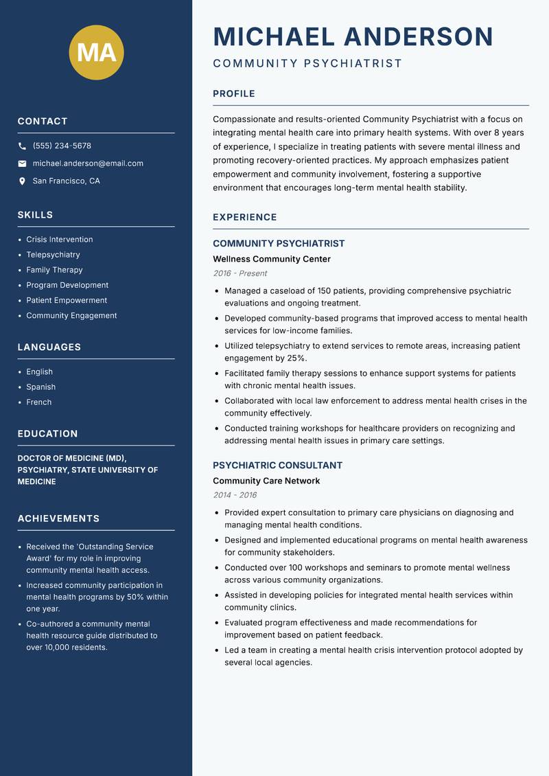 Community Psychiatrist resume template — Classic Clean