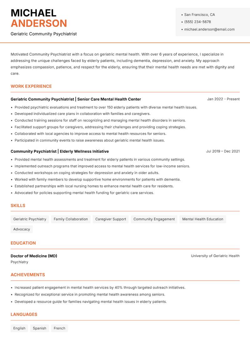 Community Psychiatrist resume template — Modern Professional