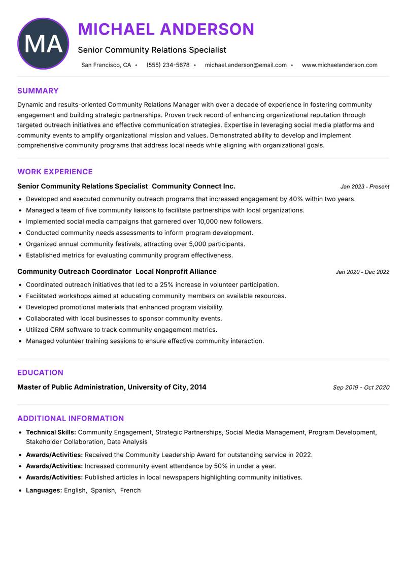Community Relations Manager resume example — ATS-friendly template