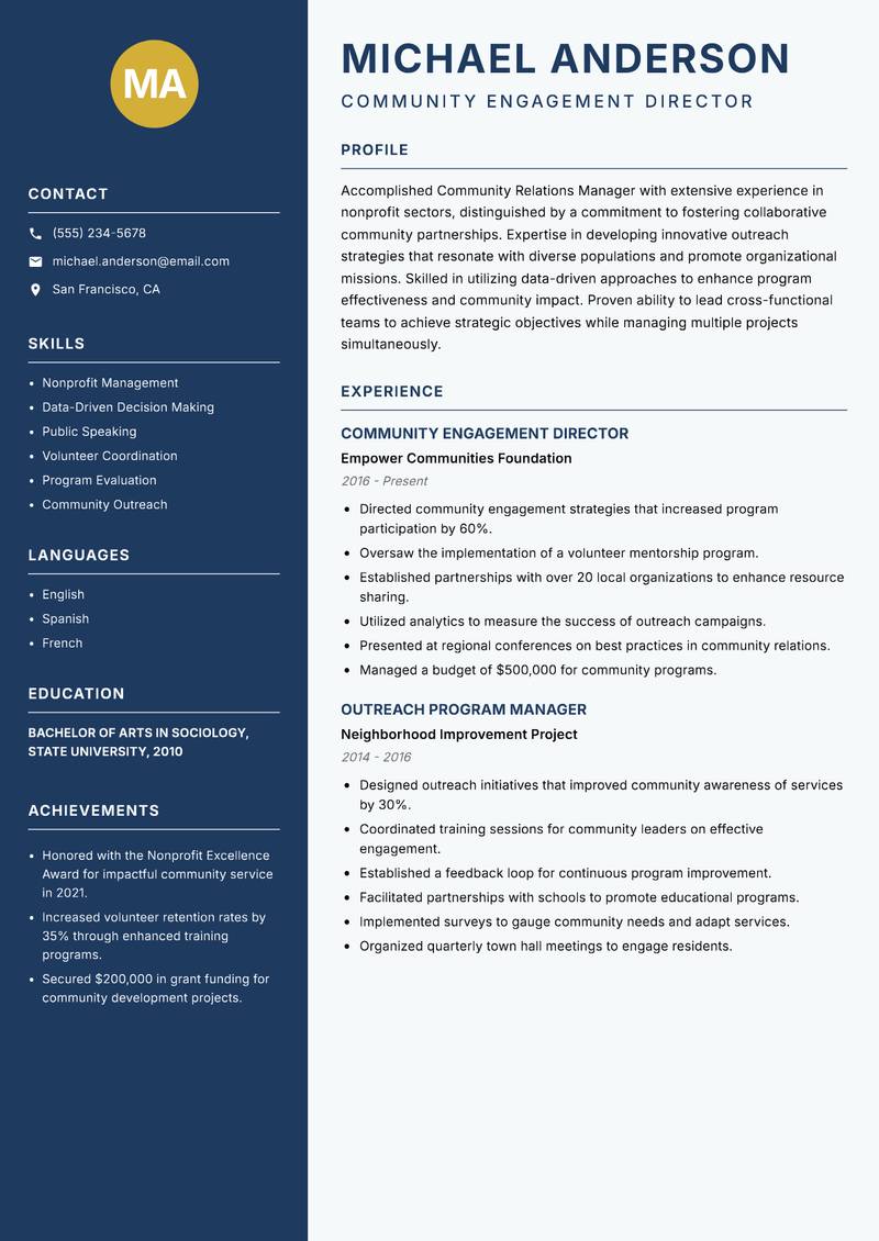 Community Relations Manager resume template — Classic Clean