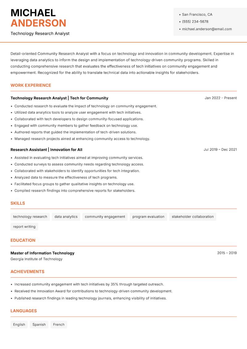 Community Research Analyst resume template — Modern Professional