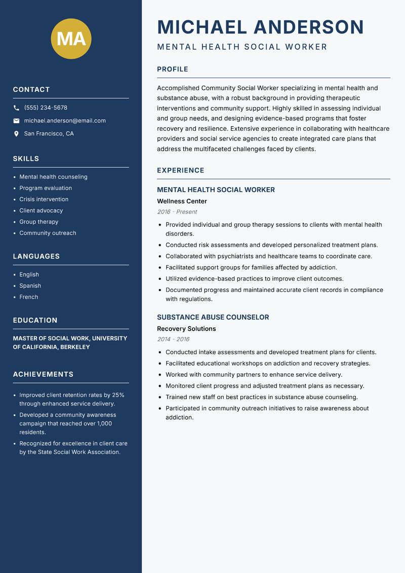 Community Social Worker resume template — Classic Clean