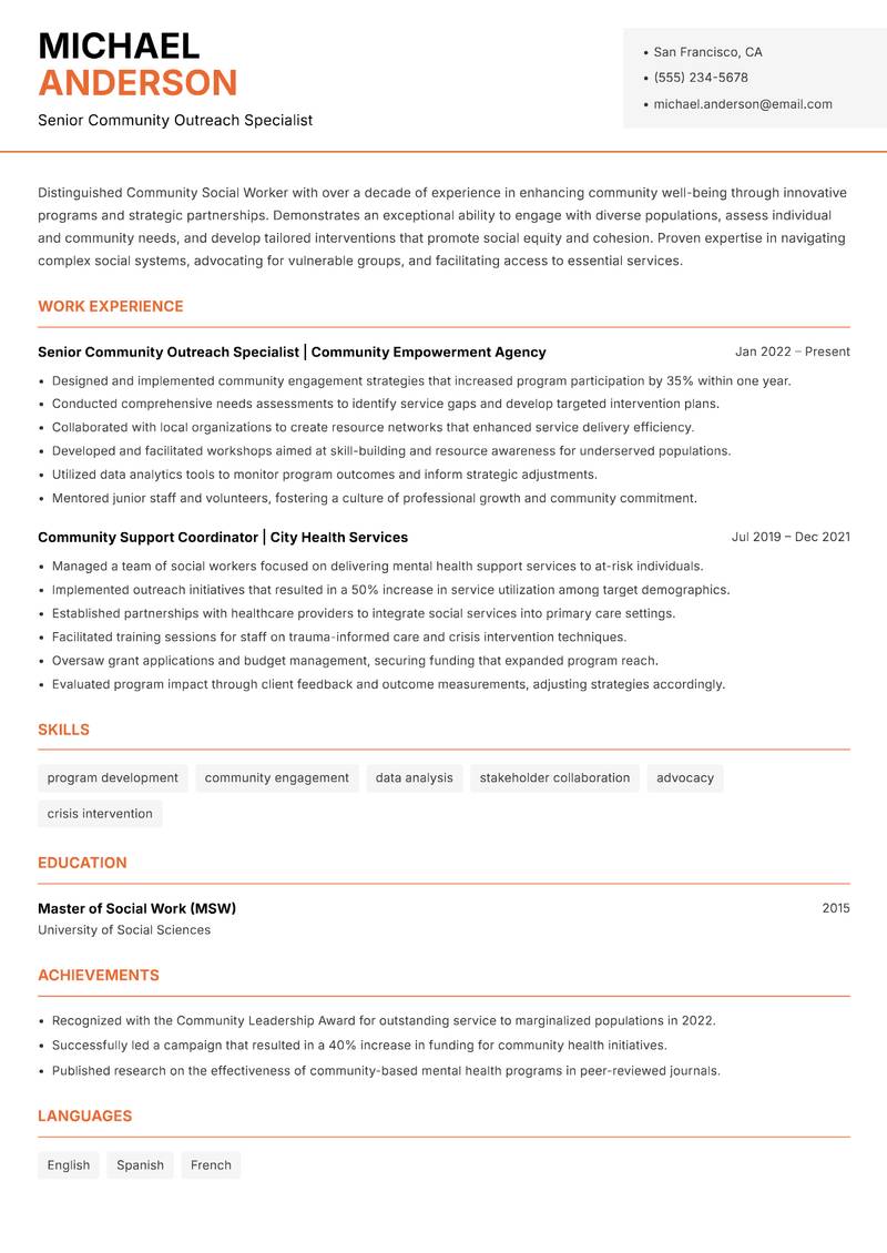Community Social Worker resume template — Modern Professional