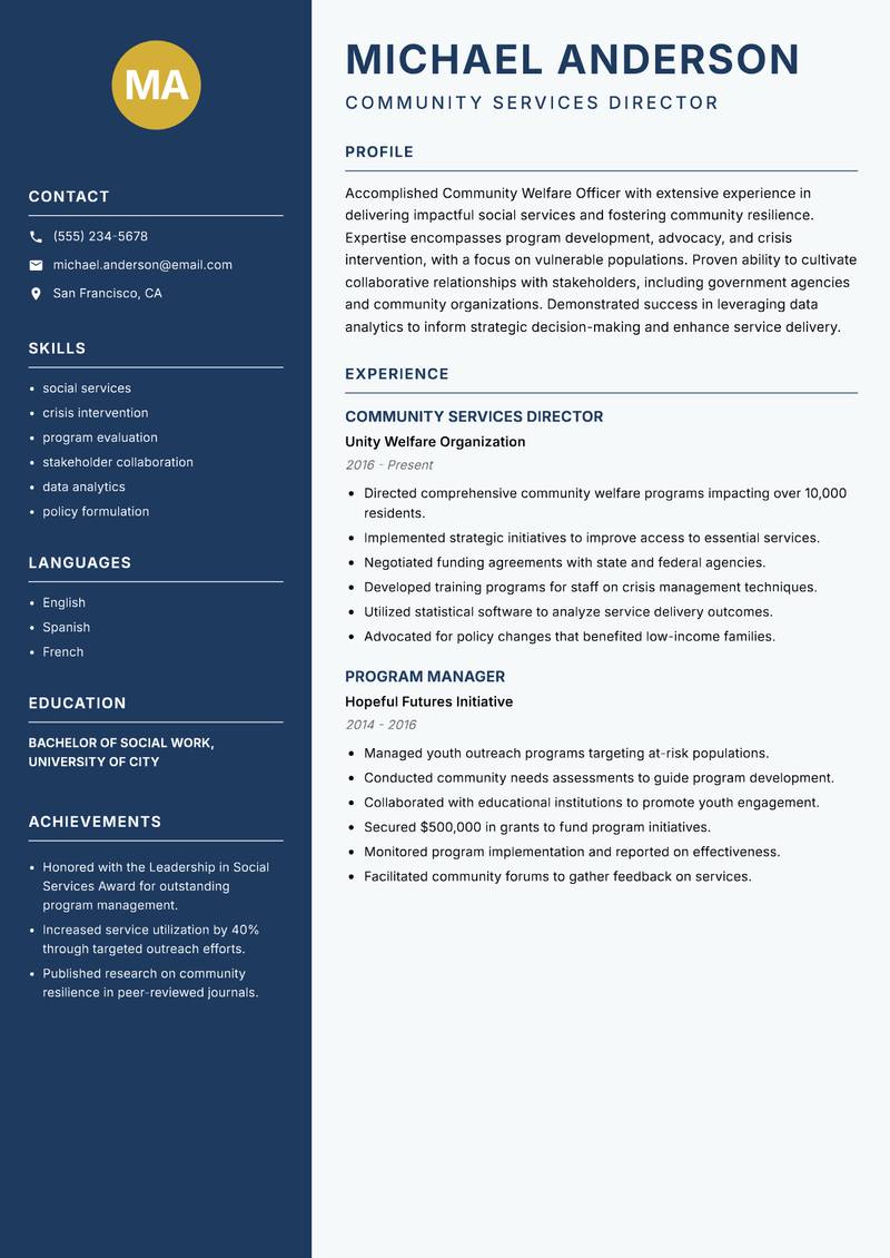 Community Welfare Officer resume template — Classic Clean