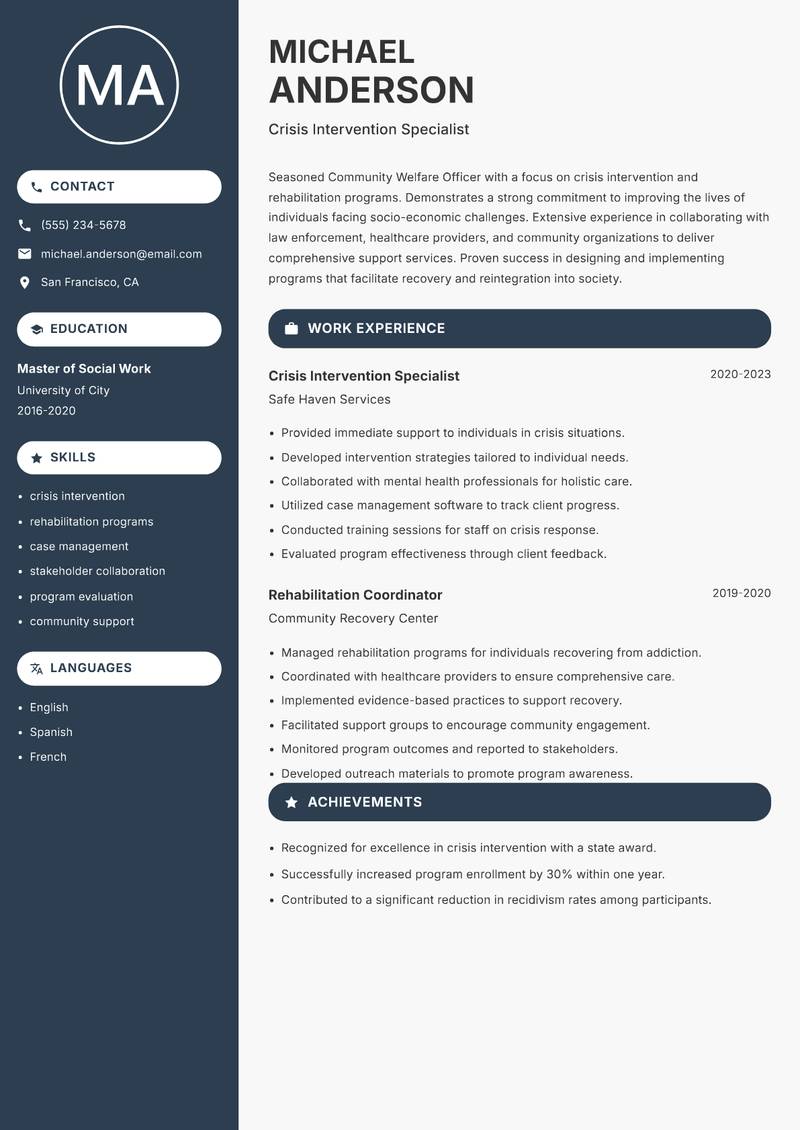 Community Welfare Officer resume template — Compact