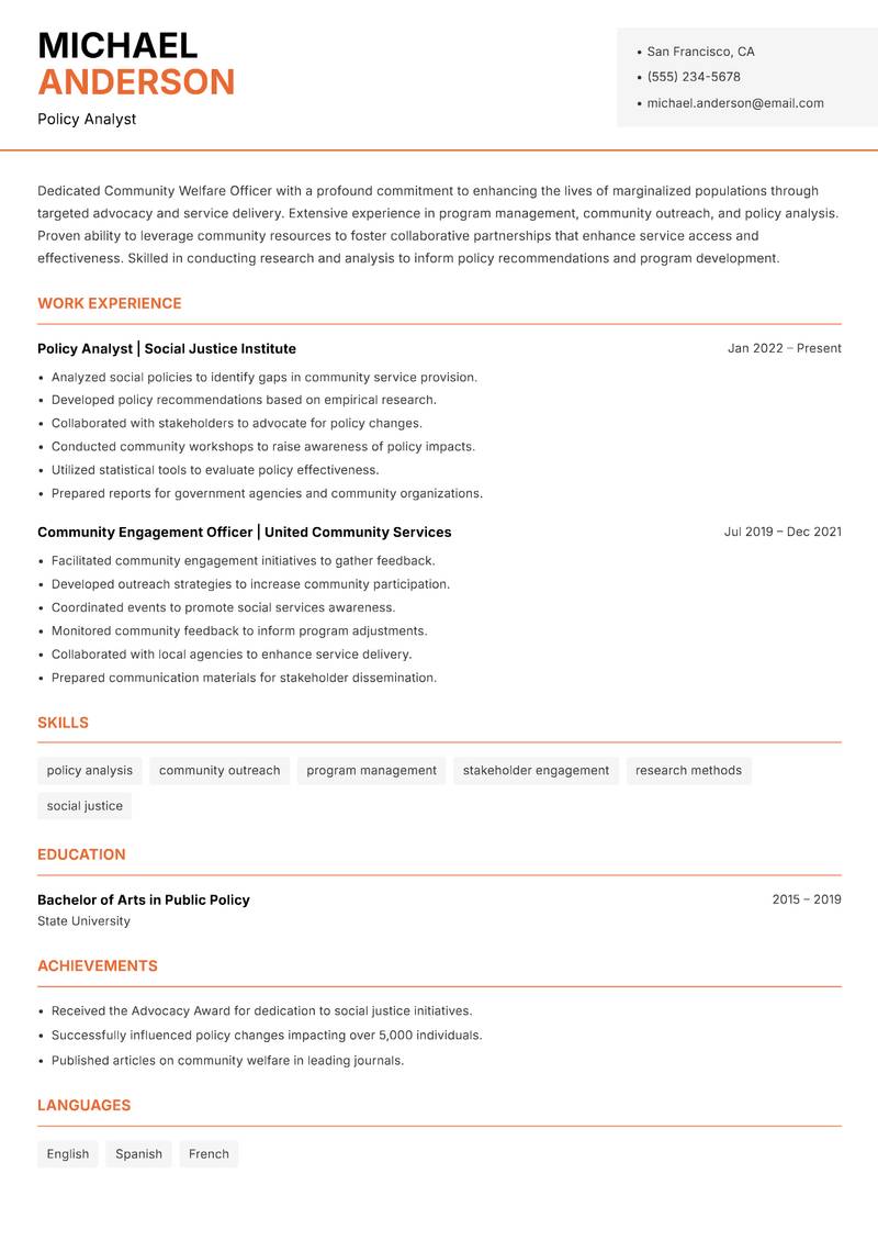 Community Welfare Officer resume template — Modern Professional
