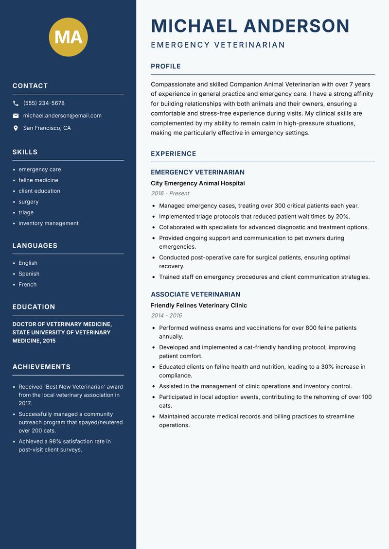 Companion Animal Veterinarian resume template — Classic Clean
